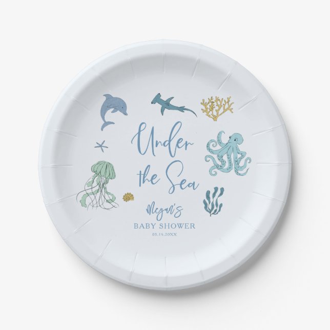 Assiettes En Carton Sous le Baby shower bleu mer (Devant)