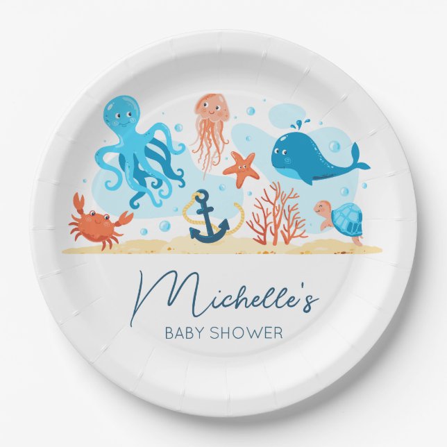 Assiettes En Carton Sous le Baby shower d'animaux marins (Devant)