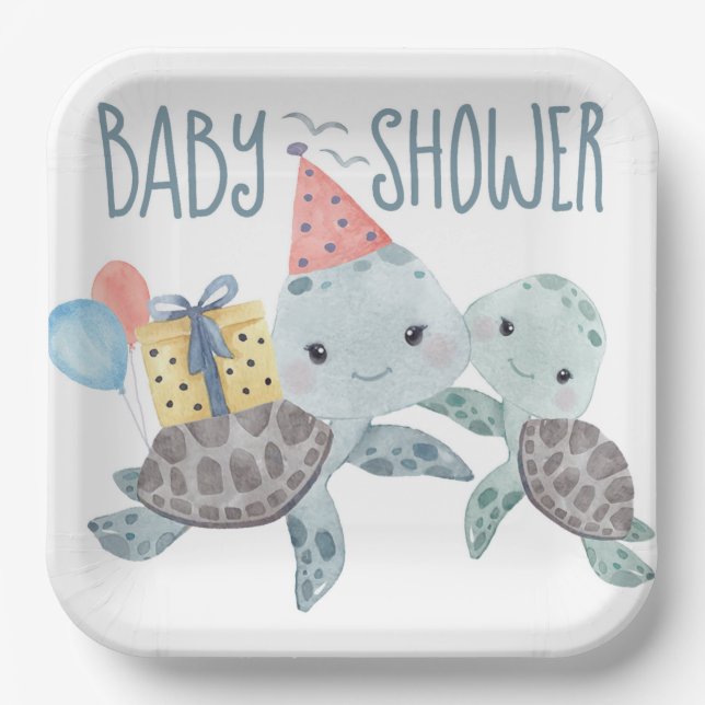 Assiettes En Carton Sous le Baby shower Sea Turtle Beach (Recto)