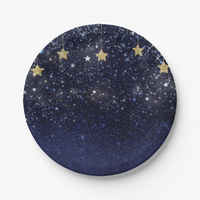 Assiettes En Carton Sous les étoiles Starry Night Gold Blue Prom Party (Devant)