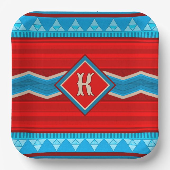 Assiettes En Carton Southwest River Canyon Red Turquoise Monogrammed (Recto)