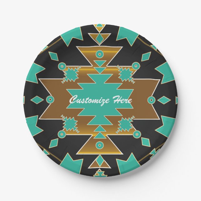 Assiettes En Carton Southwestern Ranch Turquoise Black & Gold Party (Devant)