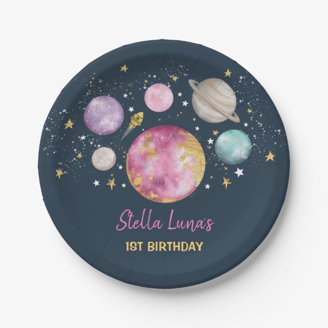 Assiettes En Carton Space Galaxy Planètes Lune Stars Marine Rose Gold (Devant)
