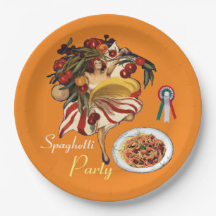 ASSIETTES EN CARTON SPAGHETTI PARTY DANCE, CUISINE ITALIENNE ET TOMATE
