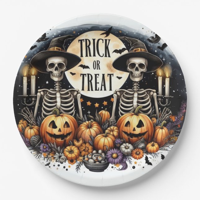 Assiettes En Carton Spooky Skeleton Duo – Trick or Treat Paper Plates (Devant)