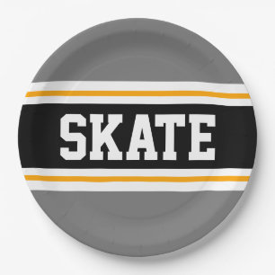 Assiettes En Carton Sporty Fun Grey Black Yellow SKATE Racing Stripes