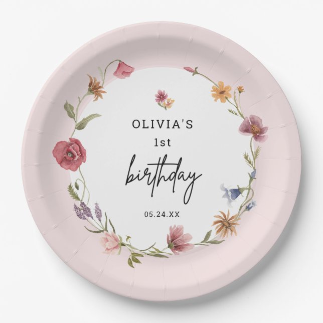 Assiettes En Carton Spring Petite fille Fleur sauvage 1ère fête d'anni (Devant)