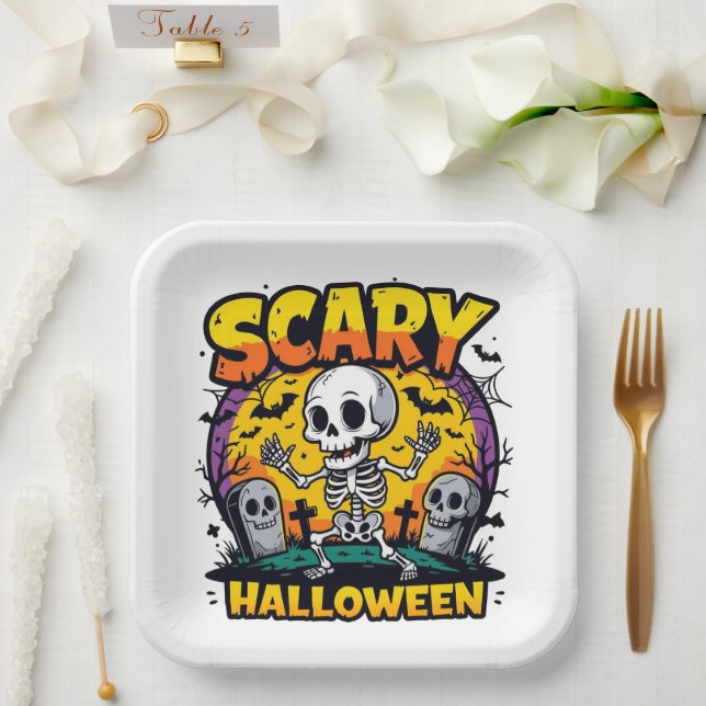 Assiettes En Carton Squelette classique d'Halloween effrayant (Mariage)