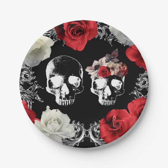 Assiettes En Carton Squelette Crâne Rouge Blanc Roses Mariage gothique (Devant)