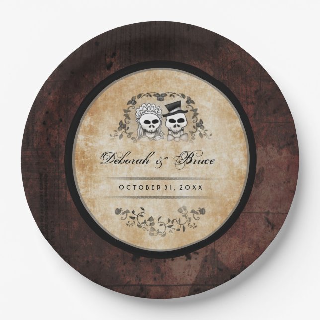 Assiettes En Carton Squelettes Brown gothiques de Halloween (Devant)