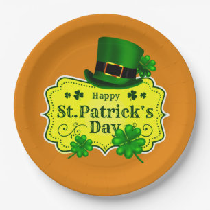 Assiettes En Carton St Patrick's Day Casquette vert et Shamrock sur Or