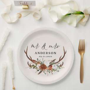 Assiettes En Carton Stag rustique mariage botanique m et mrs script