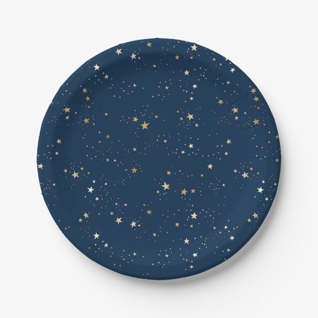 Assiettes En Carton Star d'or sur le Motif de nuit bleu (Devant)