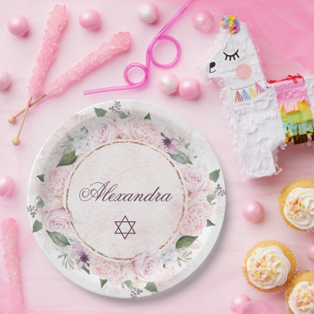 Assiettes En Carton Star Of David Jewish Girl Baby Naming Rose (Fête)