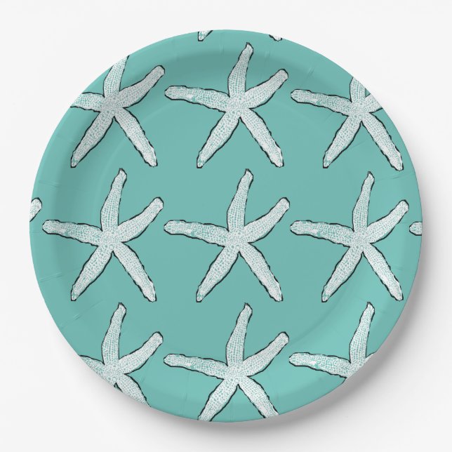 Assiettes En Carton Starfish Motif Beach Baby showers Turquoises Anniv (Devant)