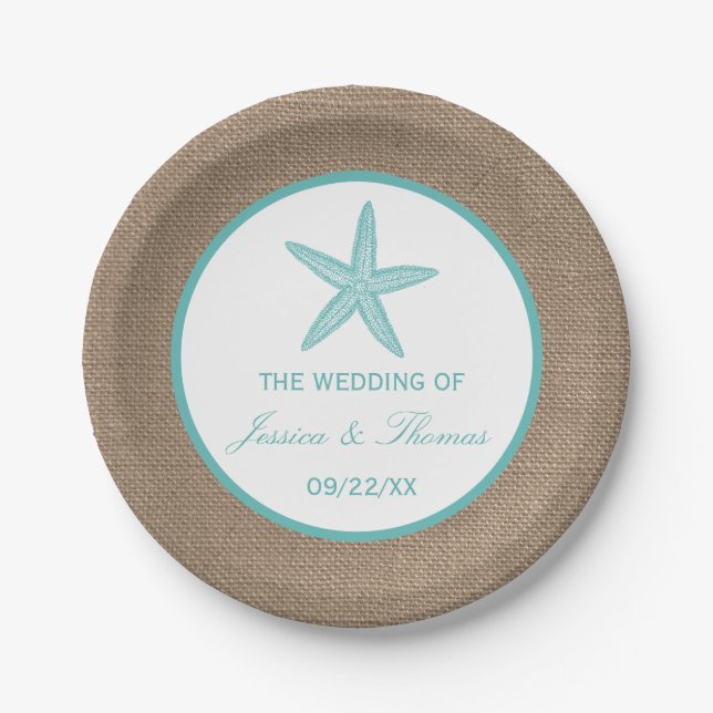 Assiettes En Carton Starfish Turquoise Burlap Beach Wedding Collection (Devant)