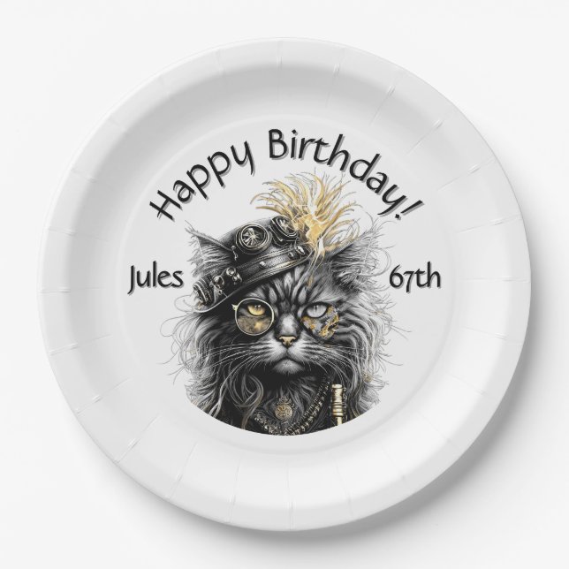 Assiettes En Carton Steampunk Cat Birthday with Name n Age (Devant)