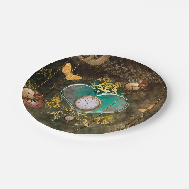 Assiettes En Carton Steampunk, coeur merveilleux avec des horloges (Angle)