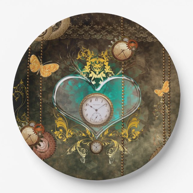Assiettes En Carton Steampunk, coeur merveilleux avec des horloges (Devant)