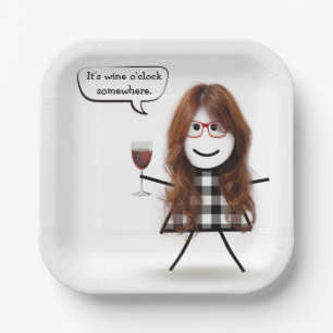 Assiettes En Carton Stick Girl with Red Wine Party Humour