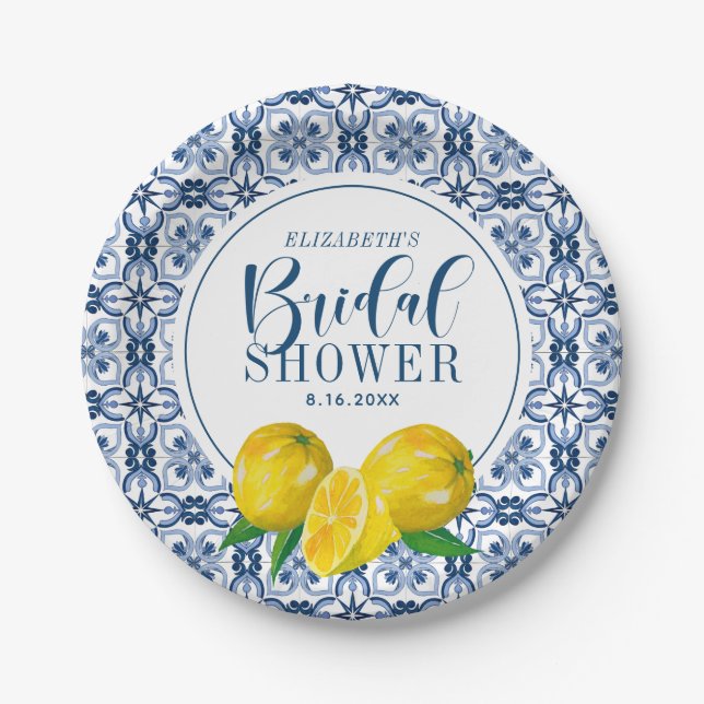 Assiettes En Carton Sticker en Mariage citron bleu italien carrelage (Devant)