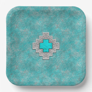 Assiettes En Carton Stone Turquoise du sud-ouest Conception géométriqu