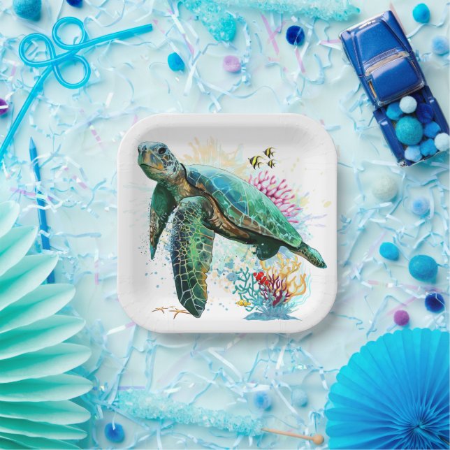 Assiettes En Carton Style d'aquarelle sous-marine de tortue marine (Fête)