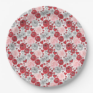 Assiettes En Carton Style d'art de gribouillage Roses Roses Cœurs Sain