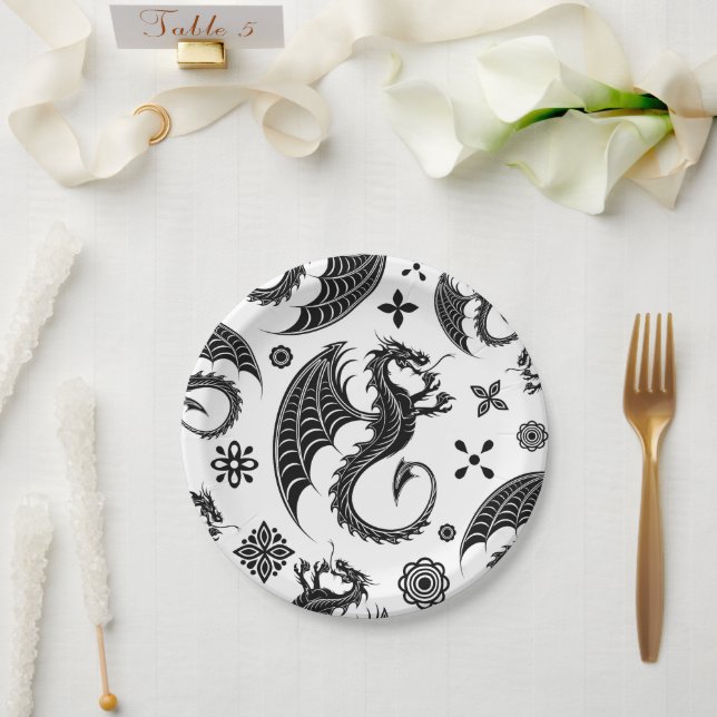 Assiettes En Carton Style de tatouage en forme de dragon noir (Mariage)