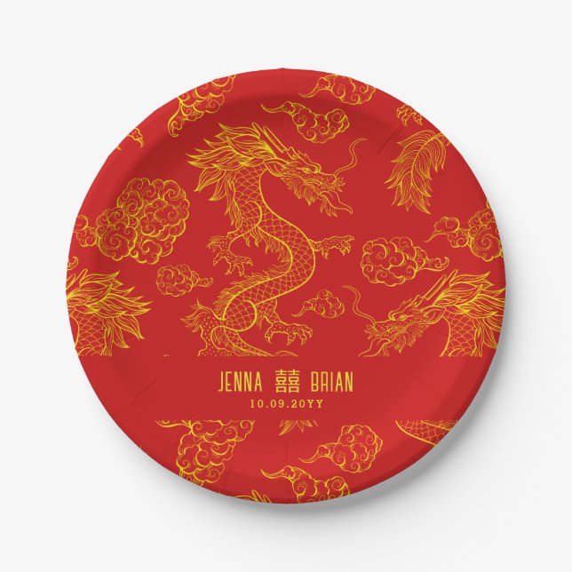 Assiettes En Carton Style Dragon Double Symbole Bonheur Rouge+Gol Styl (Devant)