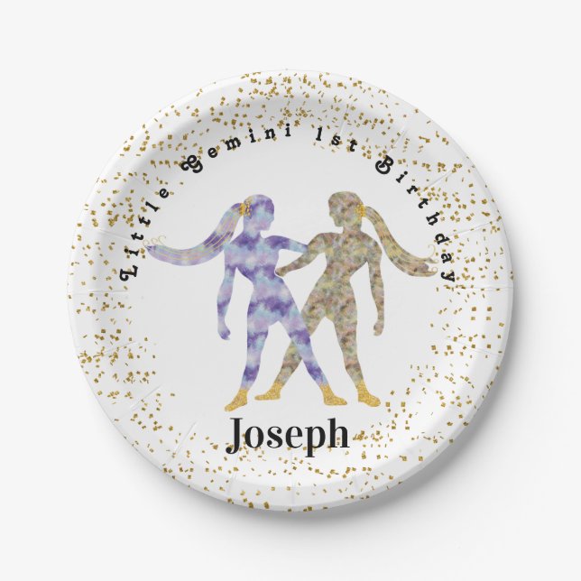 Assiettes En Carton Style Gemini 1er Anniversaire & Gold Confetti (Devant)