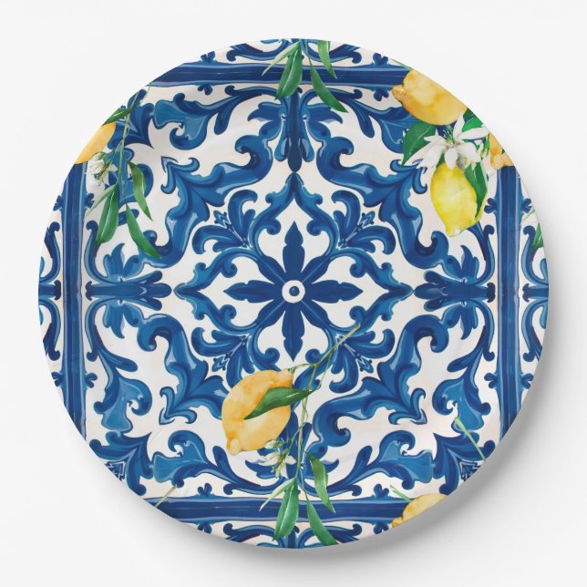 Assiettes En Carton style italien,Méditerranée,mosaïque,bleu, (Devant)