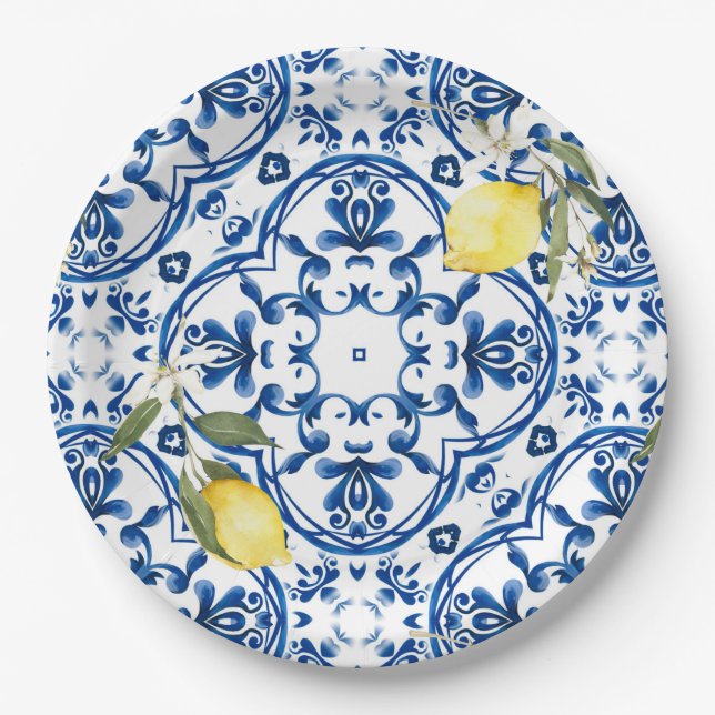 Assiettes En Carton style italien, méditerranéen, majolica, citron, (Devant)