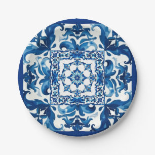 Assiettes En Carton style italien, méditerranéen, mosaïque, bleu,