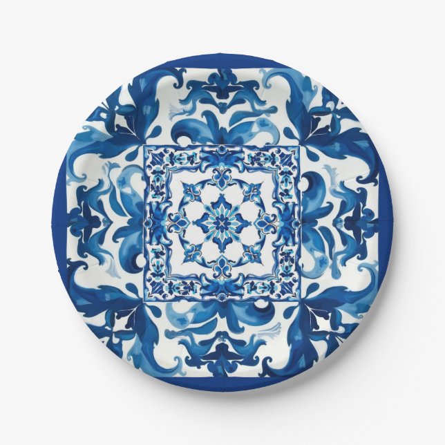 Assiettes En Carton style italien, méditerranéen, mosaïque, bleu, (Devant)