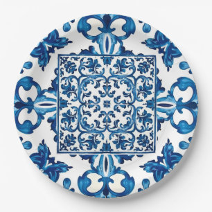 Assiettes En Carton style italien, méditerranéen, mosaïque, bleu,