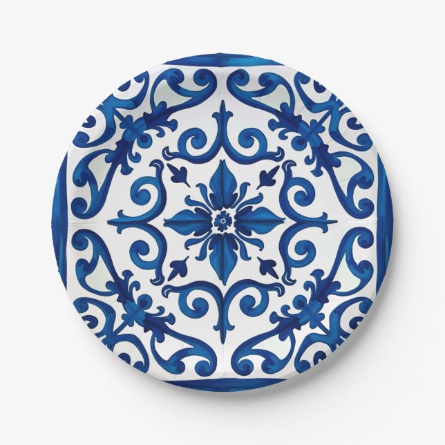 Assiettes En Carton style italien, méditerranéen, mosaïque, bleu, (Devant)