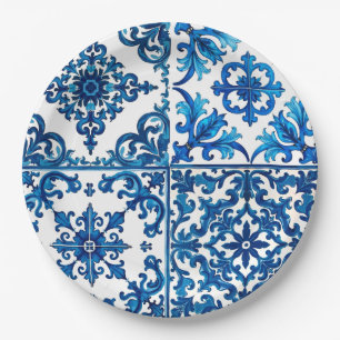 Assiettes En Carton style italien, méditerranéen, mosaïque, bleu,