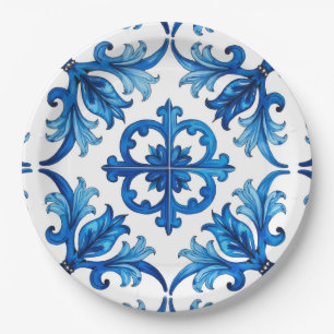 Assiettes En Carton style italien, méditerranéen, mosaïque, bleu,