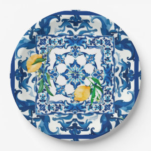 Assiettes En Carton style italien, méditerranéen, mosaïque, bleu,