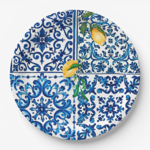 Assiettes En Carton style italien, méditerranéen, mosaïque, bleu, citr