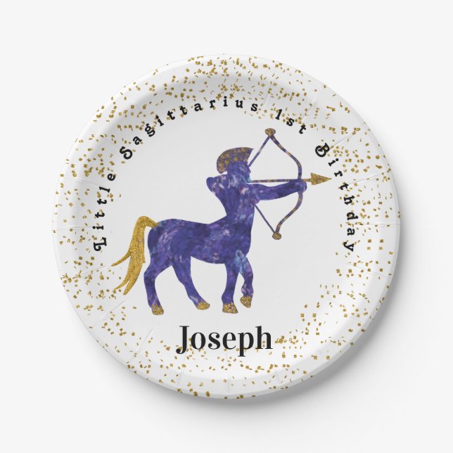 Assiettes En Carton Style Sagittarius 1er anniversaire & Gold Confetti (Devant)