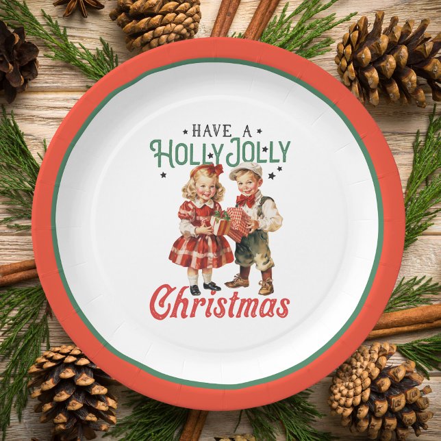 Assiettes En Carton Style vintage Noël Enfants Holly Jolly (Créateur téléchargé)