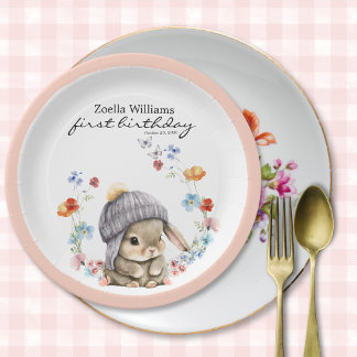 Assiettes En Carton Stylish Cute Bunny Colorful Flower Party Plate