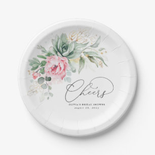 Assiettes En Carton Succulent Gold Greenery Rose Floral Cheers