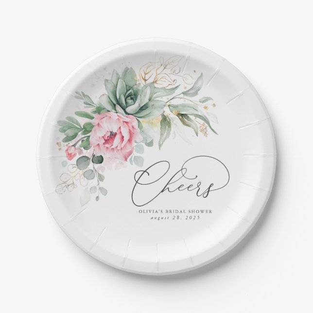 Assiettes En Carton Succulent Gold Greenery Rose Floral Cheers (Devant)