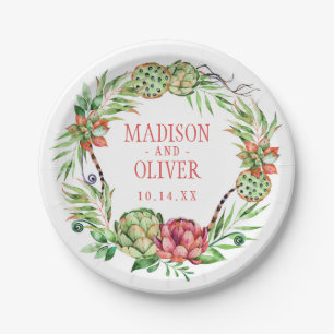 Assiettes En Carton Succulent vert et rose floral vintage épousant
