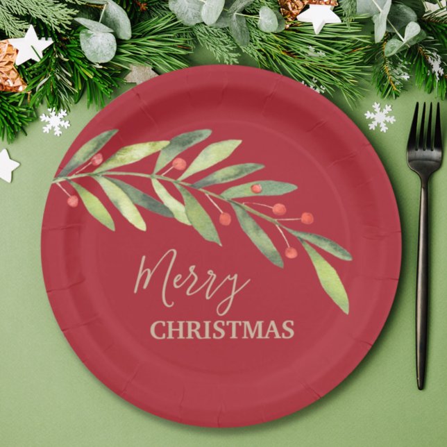 Assiettes En Carton Succursales de baies sur plaque de papier rouge de (Créateur téléchargé)