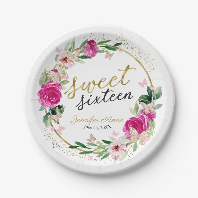 Assiettes En Carton Sucré 16 Papillon floral rose chaud (Devant)