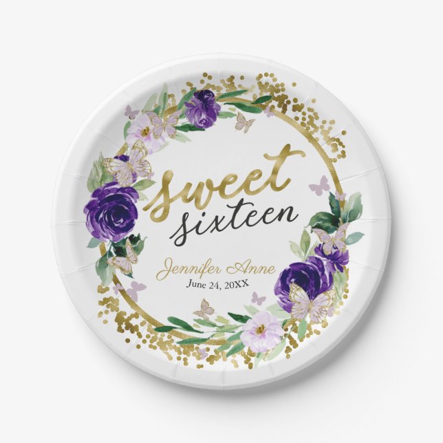 Assiettes En Carton Sucré 16 Purple Lavande Papillon Floral (Devant)